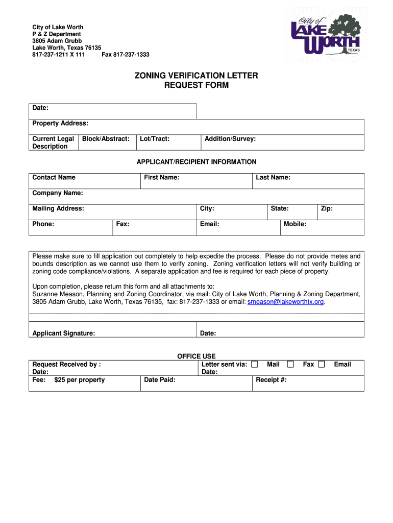 Fillable Online ZONING VERIFICATION LETTER REQUEST FORM Fax Email Print