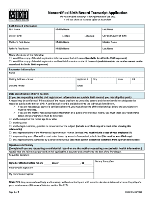 Noncertified Birth Record Transcript Application