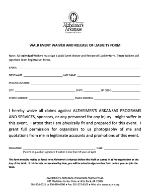 Fillable Online alzark WALK EVENT WAIVER AND RELEASE OF LIABILITY FORM ...