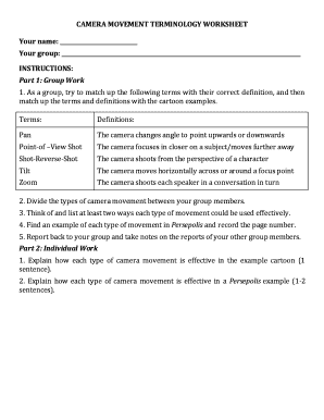 Camera Movement Terminology Worksheet