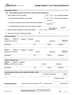 Garage Keepers' Lien Financing Statement