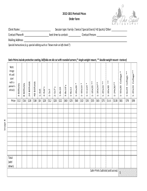 Portrait Prices Order Form