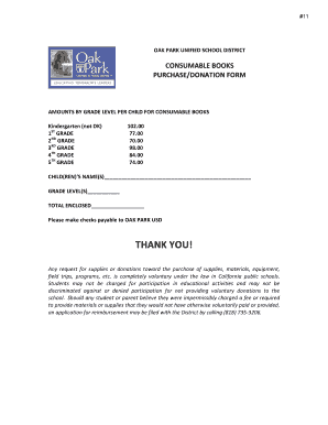 Oak Park Unified School District Consumable Books Purchase Form