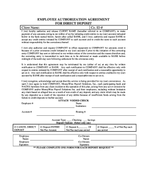 Employee Authorization Agreement for Direct Deposit