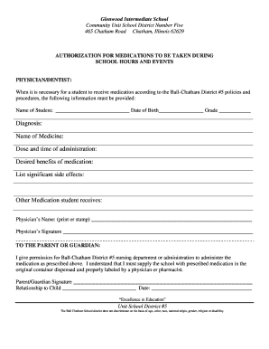 Authorization for Medication During School Hours