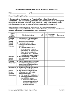Persistent Pain Pathway Data Retrieval Worksheet
