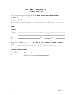 NAR e-PRO Certification Student Data Form