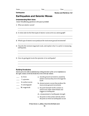 Earthquakes Review and Reinforce Worksheet
