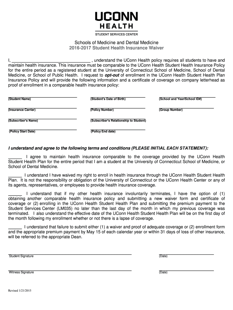 Fillable Online studentservices uchc Student Health Insurance Waiver