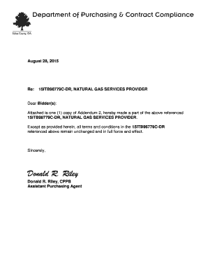 August 28, 2015 Re: 15ITB98779CDR, NATURAL GAS SERVICES PROVIDER Dear Bidder(s): Attached is one (1) copy of Addendum 2, hereby made a part of the above referenced 15ITB98779CDR, NATURAL GAS SERVICES PROVIDER