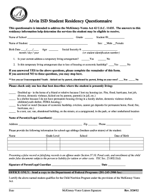 Alvin ISD Student Residency Questionnaire