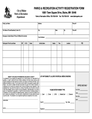 Parks Recreation Activity Registration Form