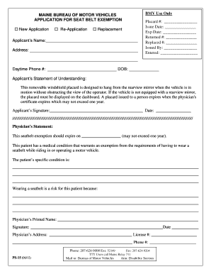 Maine Seat Belt Exemption Application