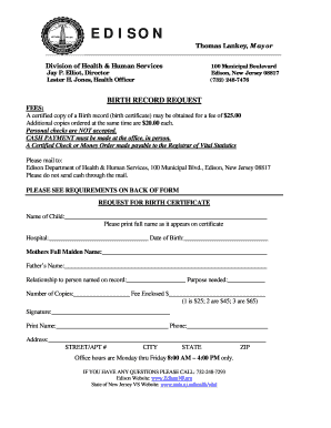 Birth Record Request Form