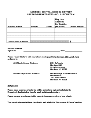 Harrison Central School District Prepaid Breakfast/School Lunch Form