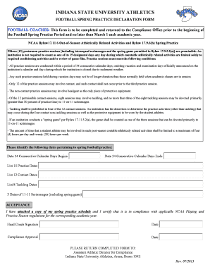 FOOTBALL SPRING PRACTICE DECLARATION FORM FOOTBALL COACHES