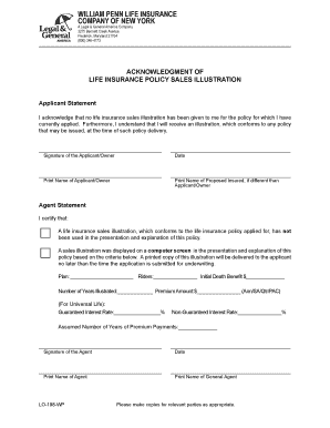 Acknowledgment of Life Insurance Policy Sales Illustration