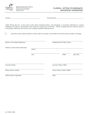 Florida Life Insurance Policy Secondary Addressee Designation