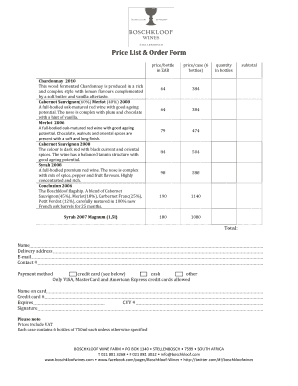 Boschkloof Wine Order Form