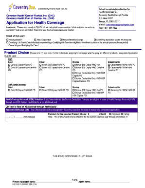 Coventry Health Care Florida Application for Health Coverage