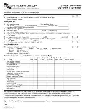 Aviation Questionnaire Supplement to Life Insurance Application