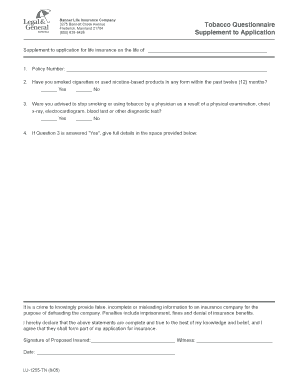 Tobacco Questionnaire Supplement to Life Insurance Application