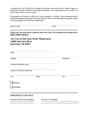 Oak Park Water Usage Payment Authorization