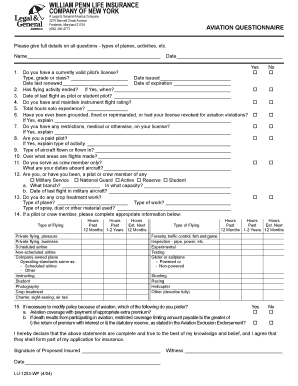 Aviation Questionnaire for Life Insurance