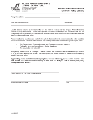 William Penn Life Insurance Electronic Policy Delivery Request