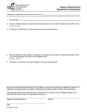 Tobacco Questionnaire Supplement to Life Insurance Application