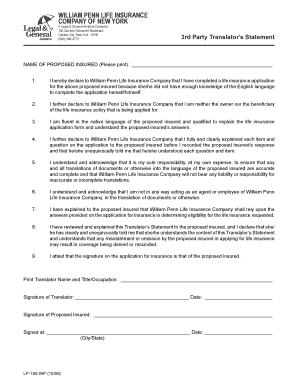 Third Party Translator's Statement for Life Insurance Application