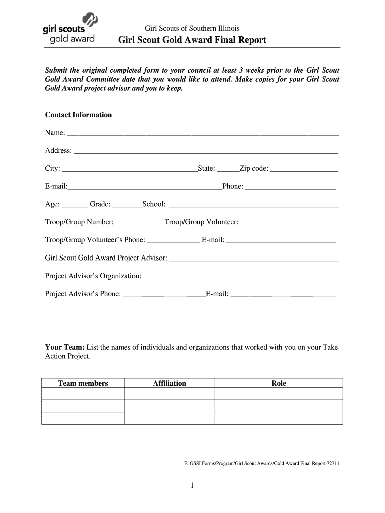 Fillable Online gsofsi GS Gold Award Final Report Girl Scouts of