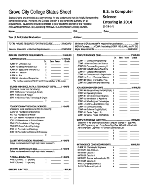 Grove City College Status Sheet BS in Computer Science