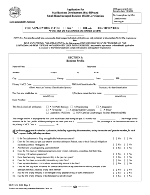 SBA Form 1010 8(a) and SDB Certification Application