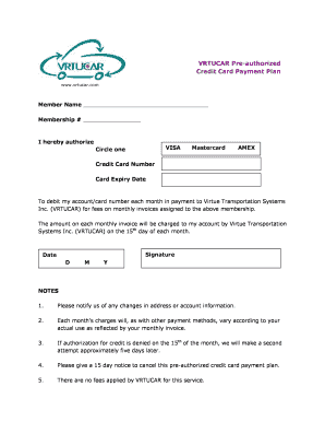 VRTUCAR Pre-authorized Credit Card Payment Plan