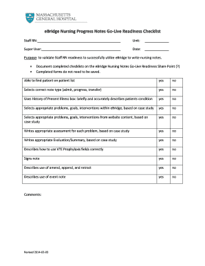 eBridge Nursing Progress Notes Go-Live Readiness Checklist