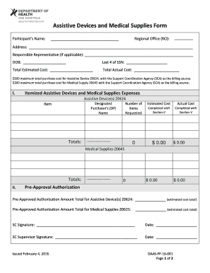 Assistive Devices and Medical Supplies Form