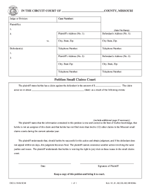 Missouri Small Claims Court Petition