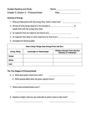Photosynthesis Study Worksheet