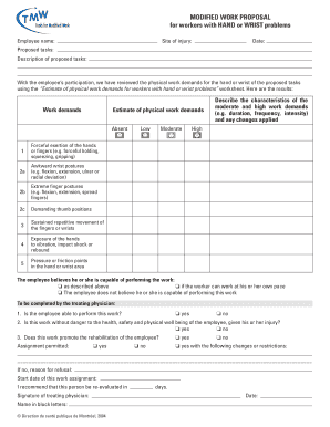 Work Proposal for Hand or Wrist Problems