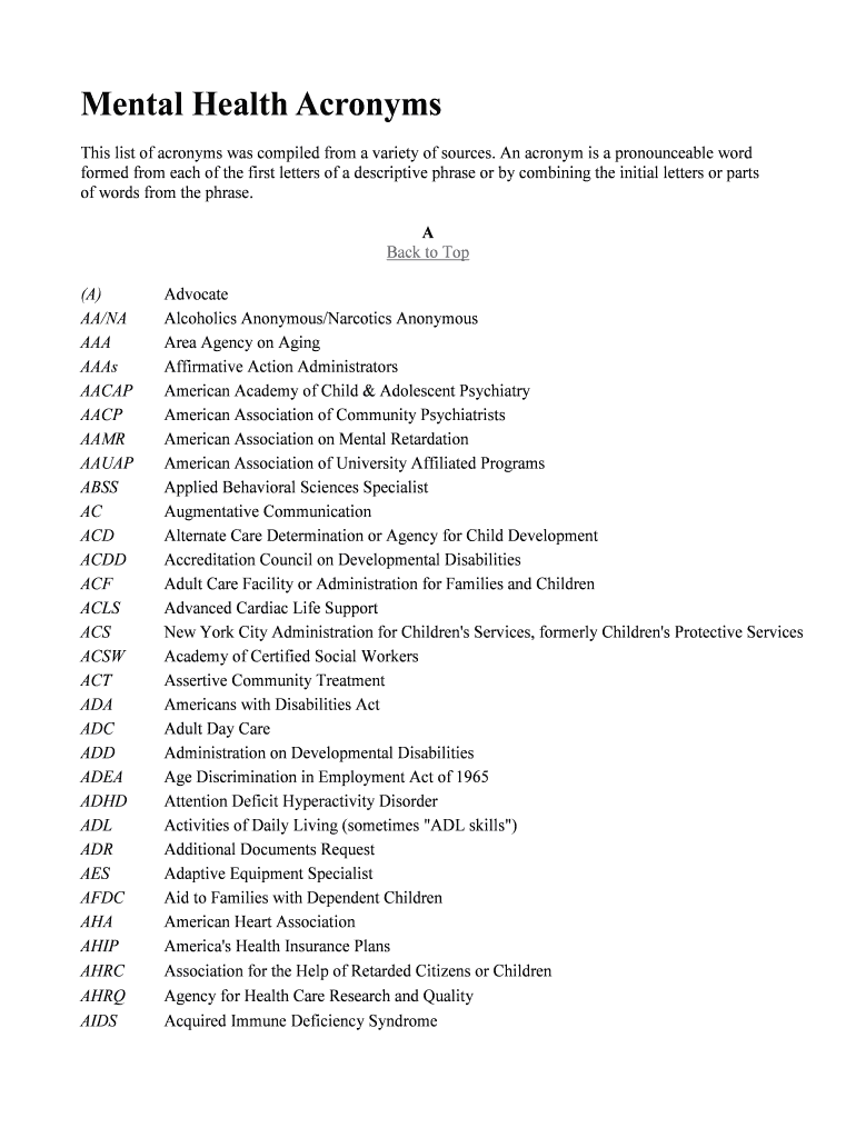 Fillable Online Mental Health Acronyms Fax Email Print pdfFiller
