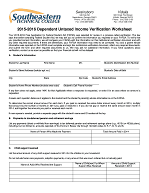 2015-2016 Dependent Untaxed Income Verification Worksheet