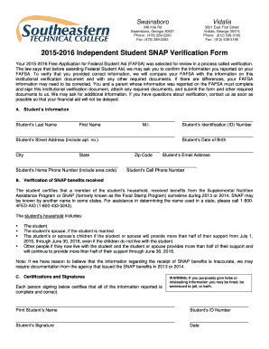 2015-2016 Independent Student SNAP Verification Form