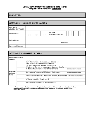 Local Government Pension Scheme Request for Pension Estimate