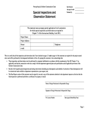 Pennsylvania Special Inspections Statement