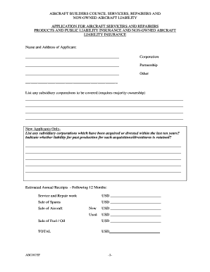 Aircraft Servicers and Repairers Liability Insurance Application