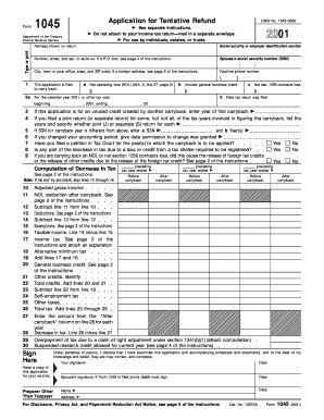 IRS Form 1045 Application for Tentative Refund