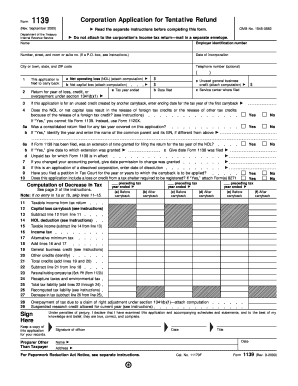 IRS Form 1139 Corporation Application for Tentative Refund