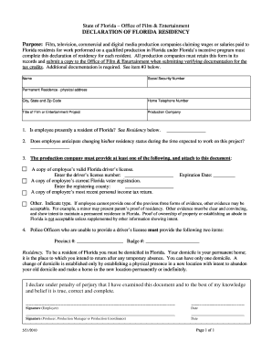 Florida Residency Declaration for Film Production