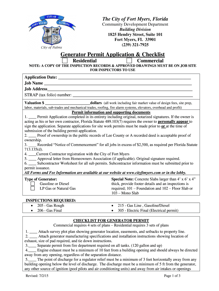 Fillable Online Generator Permit Application amp Checklist Residential